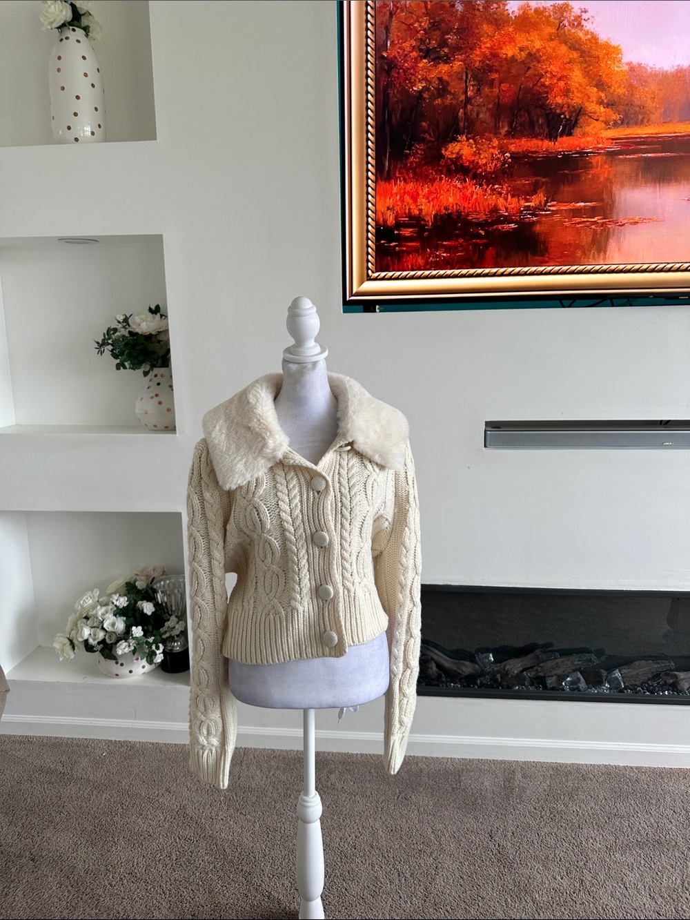 Altar'd State Cream Cable Knit Teddy Collar Button-Up Jacket